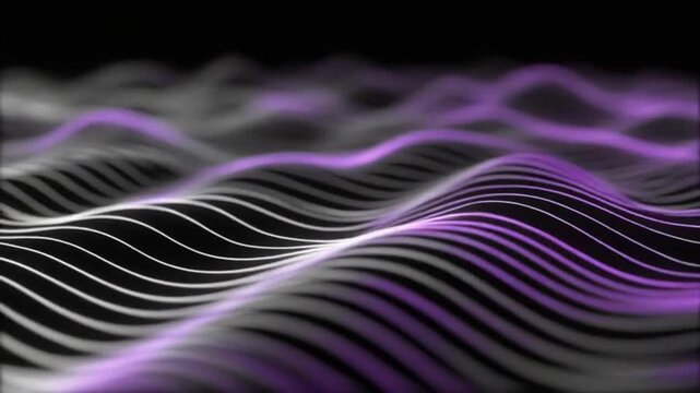 Digital streaming topography displays a flowing sequence of parallel glowing light trails moving through a dark virtual space to illustrate the continuous evolution of big data analysis.