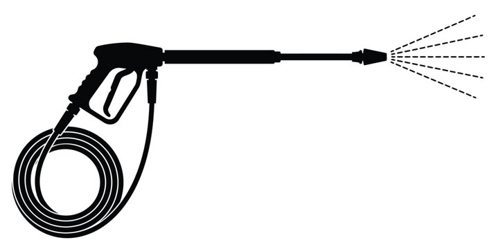 High Pressure Washer Spray Gun Icon with Hose and Water Spray Silhouette