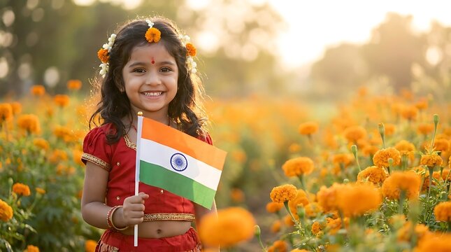 Happy indian girl holding national flag in flower garden