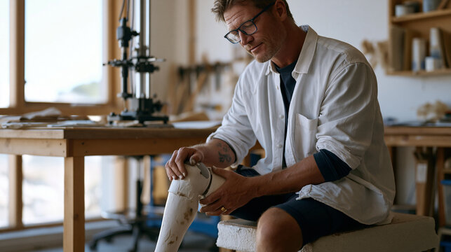 Prosthetics technician fitting trial socket component on patient residual limb in clinical workshop, alignment jig on workbench behind, patient seated on low plinth focused