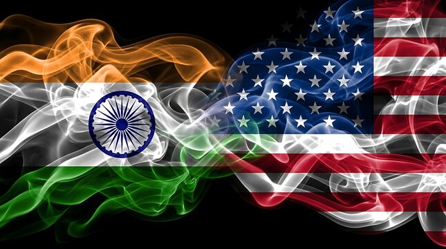 India and usa flags made of colorful smoke on black background