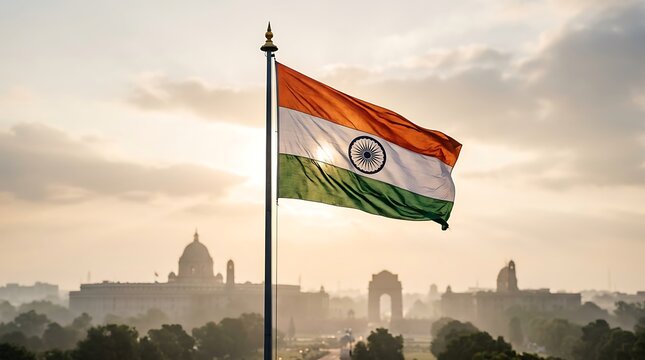 Indian national flag waving over the city of new delhi
