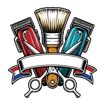 Colorful Barber Tools Emblem with Blank Ribbon Banner
