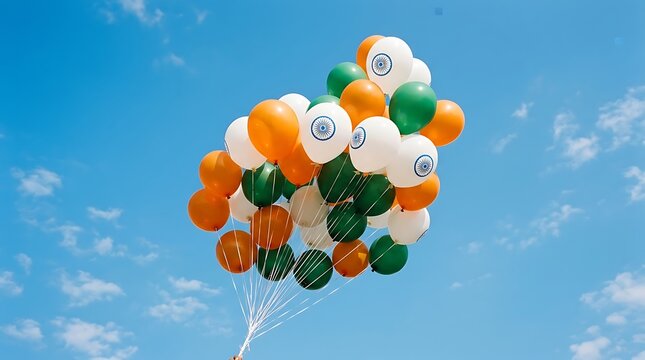 Balloons with india flag colors floating in blue sky
