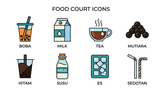 Food Court Icons: Boba, Milk, Tea, Mutiara, Black Drink, Susu, Ice, Straws