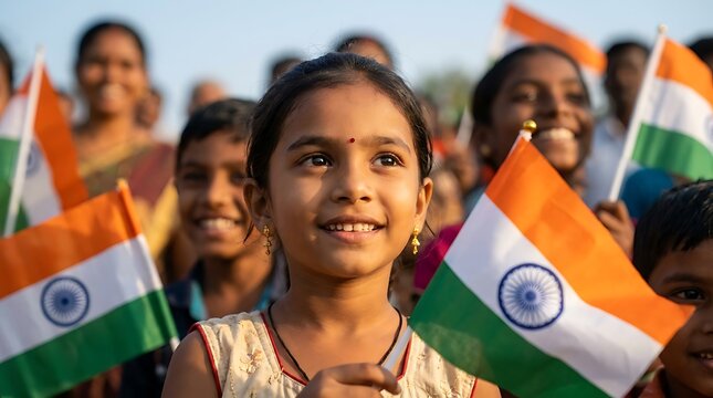 Happy indian girl holding a national flag during celebration