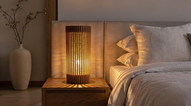 Warm bedside lamp casting soft light on a modern bedroom interior with a vase and plant.