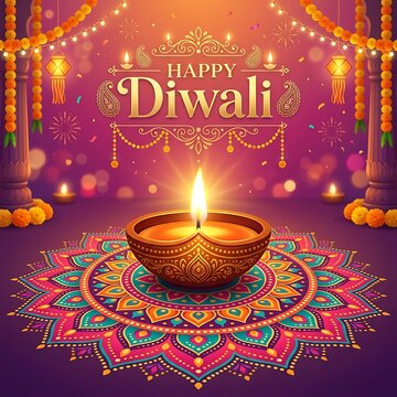 Happy diwali greeting card with glowing diya and rangoli