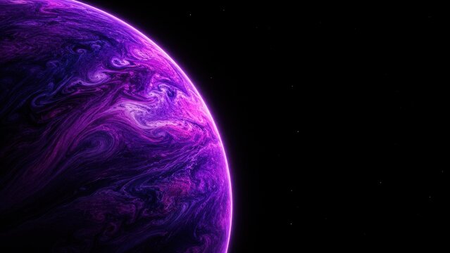 Cosmic alien gas giant in deep space with vibrant purple and magenta clouds and swirling atmospheric patterns on its surface, bathed in light from a distant star, celestial body.