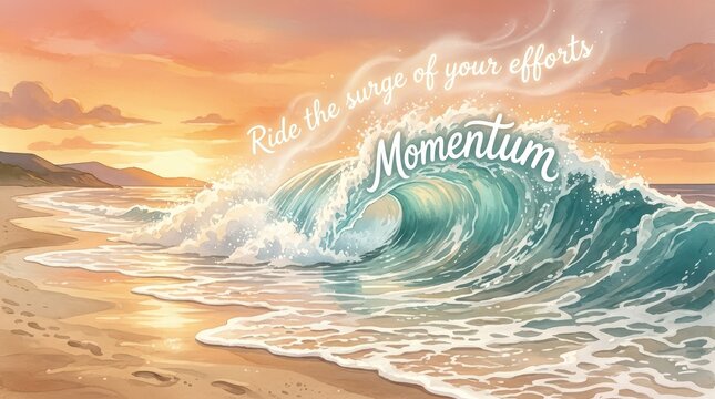 Inspirational ocean wave crashing on beach at sunset with text 'Momentum' and 'Ride the surge of your efforts'
