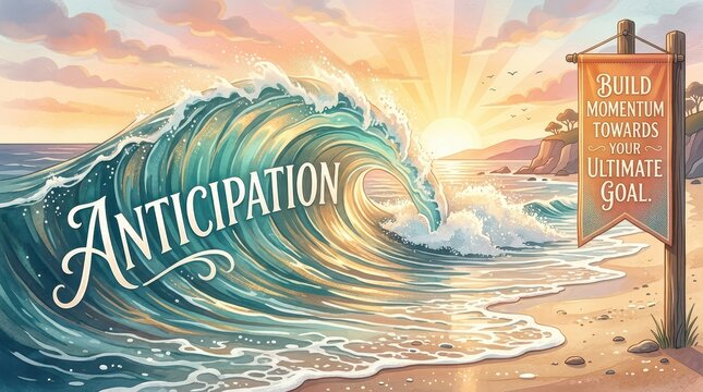 Inspirational ocean wave with 'Anticipation' text and motivational banner on a beach at sunset