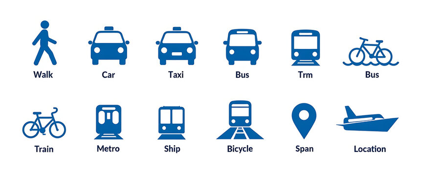 Collection of transportation icons including walk car taxi bus train metro ship bicycle location and airplane on white background.