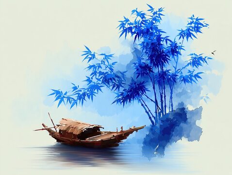 Blue White Black Ink Wash Full Moon Boat Reed Reflection Oriental Water Landscape Art