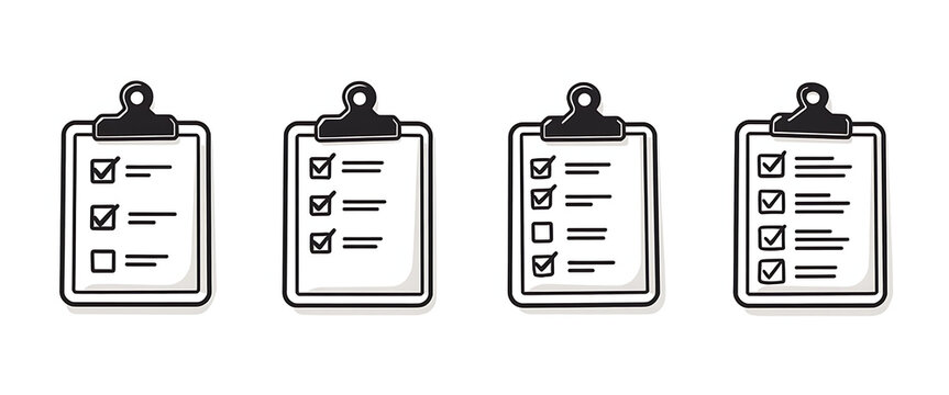 Group of hand-drawn checklist clipboard icons with varying checked and unchecked items representing task completion progress.