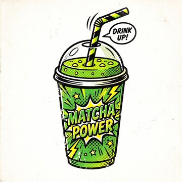 A vintage 1980s pop art style illustration of a takeout matcha latte cup with bold outlines and halftone dots texture on a white background.