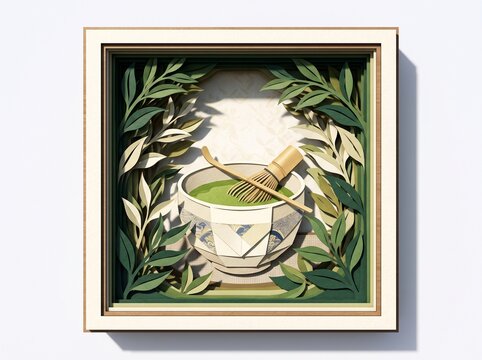 A 3D paper cut art illustration featuring a traditional chawan bowl silhouette surrounded by layered tea leaves on a solid white background.