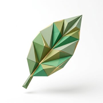 An abstract geometric low-poly origami green tea leaf illustration in shades of sage and olive green on a solid white background.