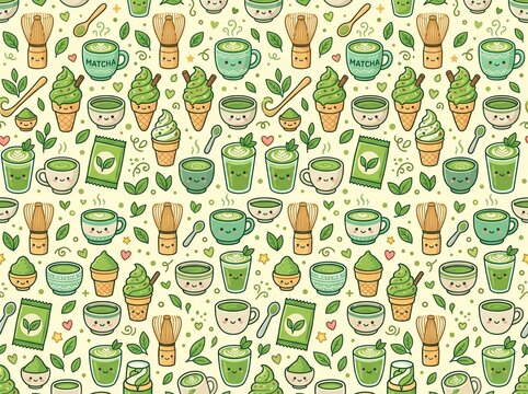 A vibrant flat vector seamless pattern illustration featuring cute kawaii matcha doodles and tea leaves on a cream backdrop.