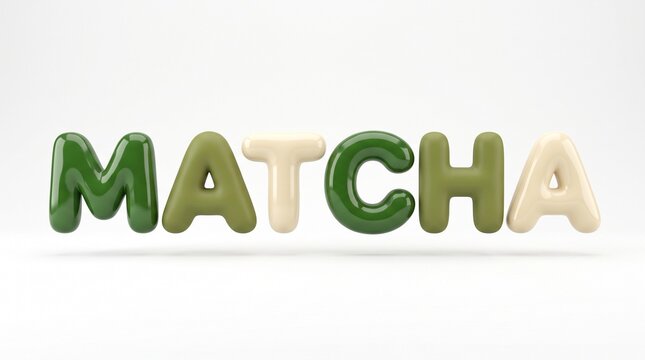A modern 3D render of the text "MATCHA" in glossy balloon typography with green and cream colors on a solid white background.