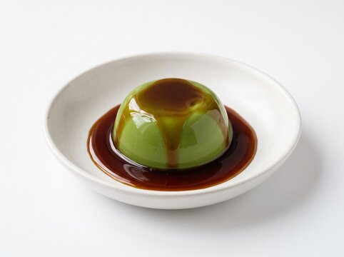 Isolated view of a silky smooth Japanese matcha pudding with brown sugar syrup drizzle in a white bowl.