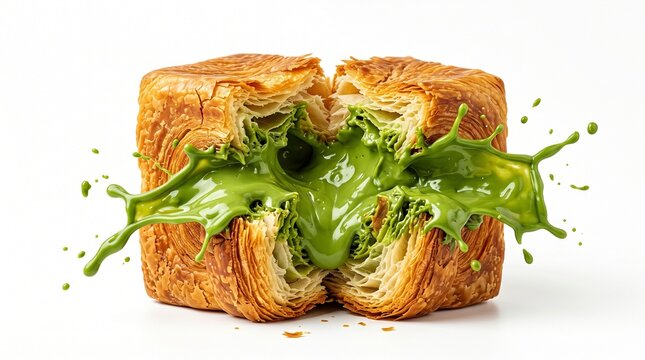 Isolated shot of a golden flaky cube croissant torn open with rich green matcha custard cream bursting out. Modern bakery asset.