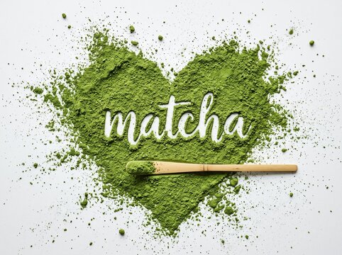 A top-down product shot of the word "matcha" stenciled inside a heart shape made of spilled green tea powder on a solid white background. Creative food art for matcha lovers.