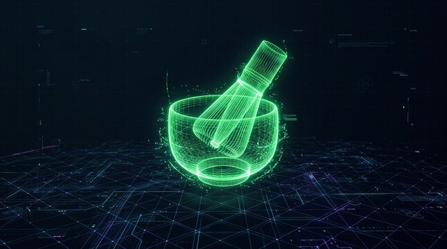 A futuristic 3D isometric hologram of a matcha whisk and bowl on a digital grid map. Modern cafe tech background with copy space.