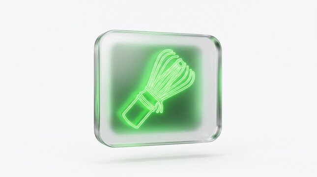 A modern glassmorphic icon element featuring a glowing neon green chasen whisk wireframe inside a floating frosted glass panel on a white background.