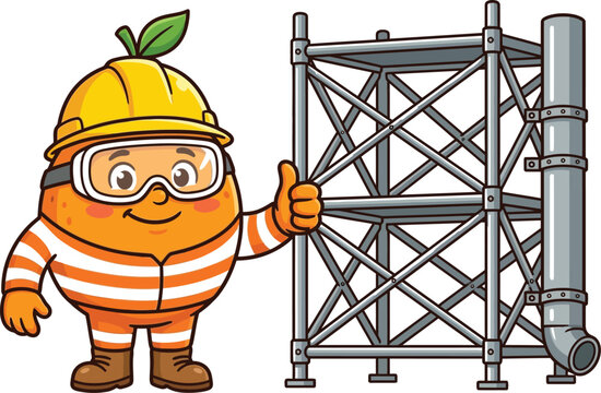 Cute orange fruit construction worker character wearing a hard hat and safety goggles standing next to metal scaffolding giving a thumbs up