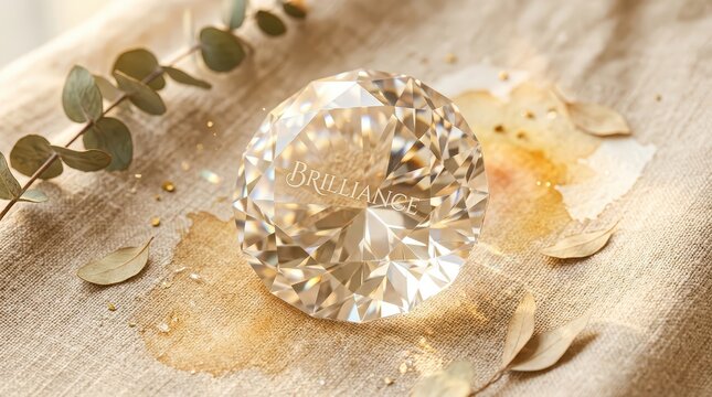 Luxury Faceted Diamond Gemstone with Subtle "Brilliance" Engraving on Textured Fabric with Eucalyptus Leaves