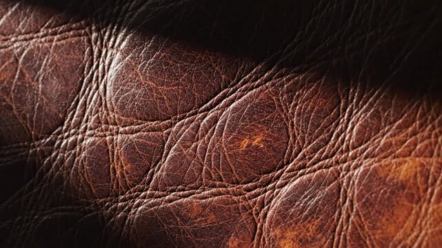 Close-up of a dark brown leather texture with detailed stitching and natural patterns, luxurious upholstery