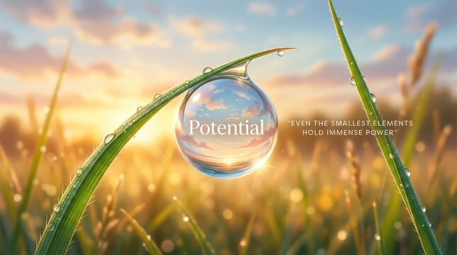 Macro shot of a dewdrop on grass reflecting sky and clouds, symbolizing potential and immense power with inspirational quote.