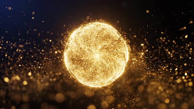 Cinematic seamless loop of shimmering golden particles coalescing into a glowing orb within a dark abstract meditative void with floating glitter
