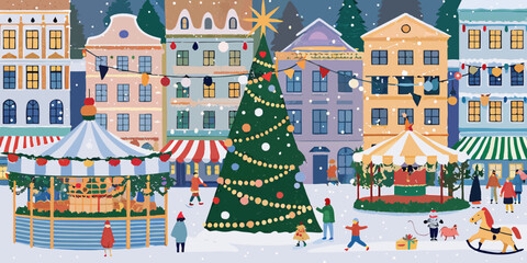 christmas market town square vector illustration winter © Vector Craft