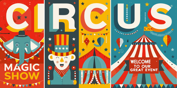 circus poster with colorful characters elephant clown
