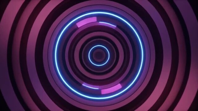 Abstract circular tunnel creates a rhythmic pattern of glowing purple and cyan neon rings that draw the eye toward a dark center to emphasize the sense of infinite travel through a digital landscape.