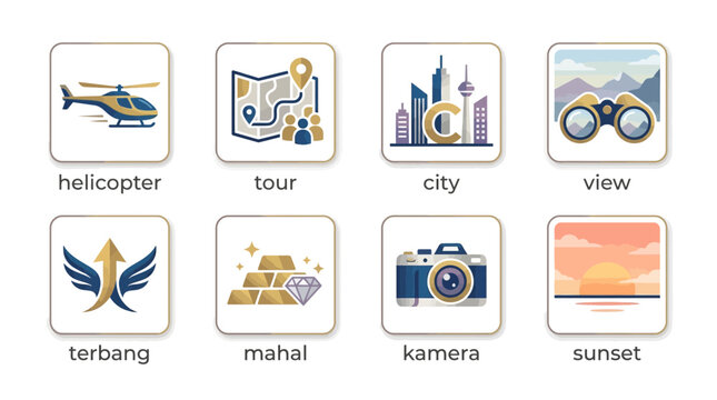 Travel and Tourism Icons: Helicopter, Map, City, View, Flight, Gold, Camera, Sunset