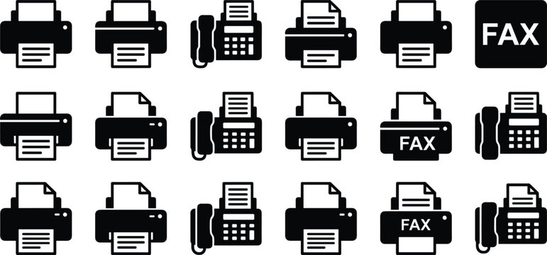 Black printer and fax machine icon set for business office technology graphic design elements isolated on white