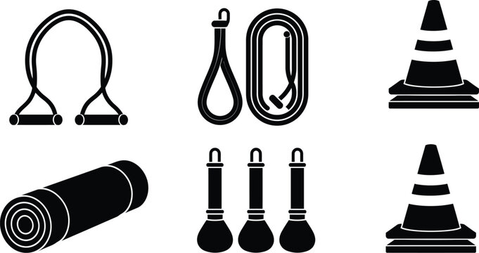 Gym icon set fitness equipment collection monochromatic silhouette