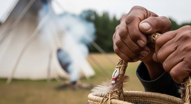 Hands holding woven basket near teepee in nature. Close-up of sturdy hands gripping basket with traditional design. Concept other cultures and heritage celebrated outdoors.