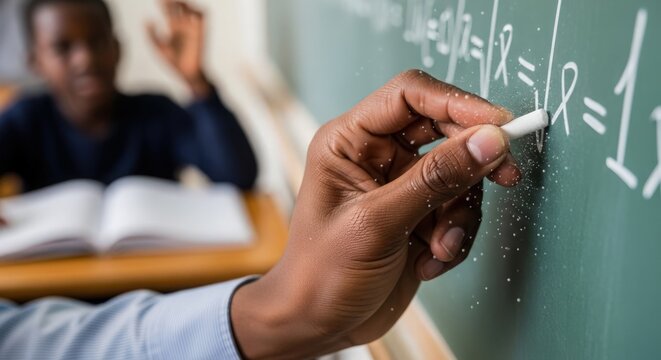 Teacher writing math equations on chalkboard with attentive student in classroom. Math equations include division and fractions on chalkboard surface, focusing on educational environment.