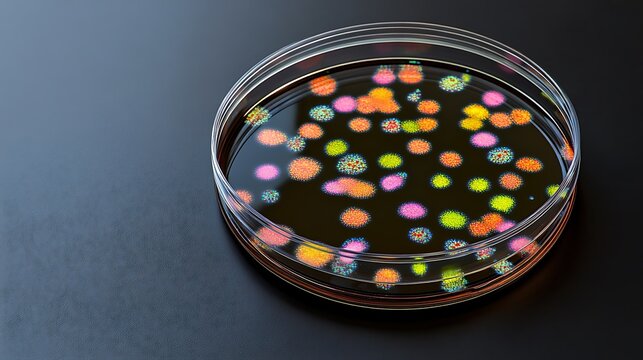 Petri dish with colorful fluorescent bacterial colonies growing on dark agar media in a laboratory