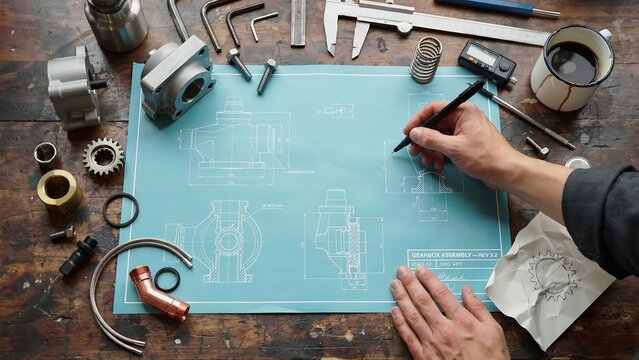 Engineer drawing technical plans on a green mat with mechanical tools
