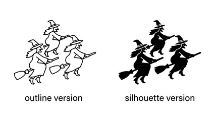 Fototapeta premium Witches on Brooms: A set of stylized illustrations depicting witches riding on broomsticks, presented in both outline and silhouette versions, perfect for Halloween themes and graphic design projects.