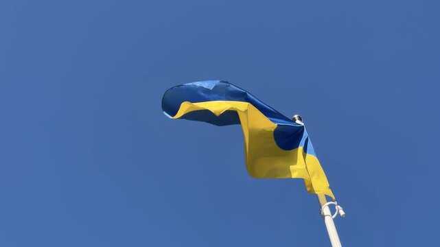 Single Ukrainian Flag Waving in Strong Wind Close View