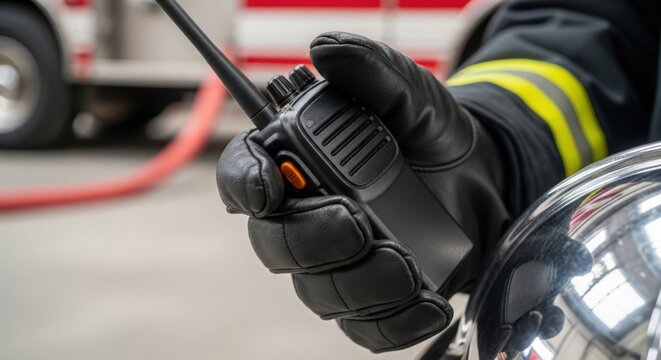 Firefighter holding walkie-talkie in gloves near fire truck with hose, communication for emergency response. Firefighter's equipment includes radio and helmet for safety.