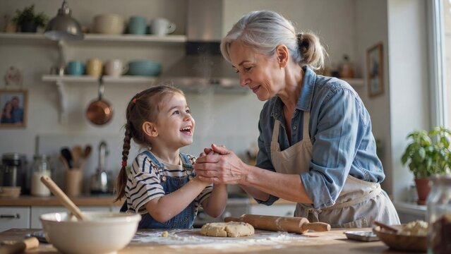 Grandmother and granddaughter baking cookies together in a cozy kitchen with holding hands laughing baking dough bright