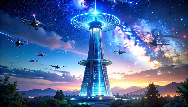 Futuristic Tower and Aircraft Under a Cosmic Twilight Sky.