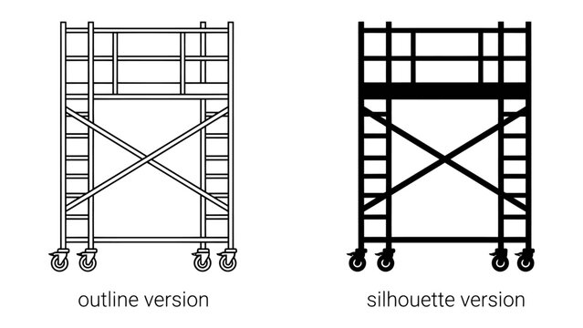Scaffolding Illustration: Two distinct representations of a mobile scaffolding unit, one as a clear outline and the other as a solid silhouette, showcase its structure and components.