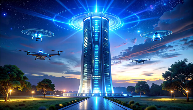 Futuristic Tower with Drones Illuminating a Smart City Landscape.
